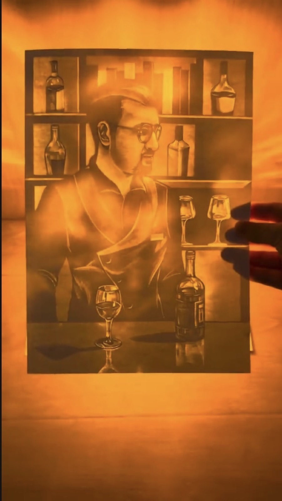 The same paper portrait revealed by warm light